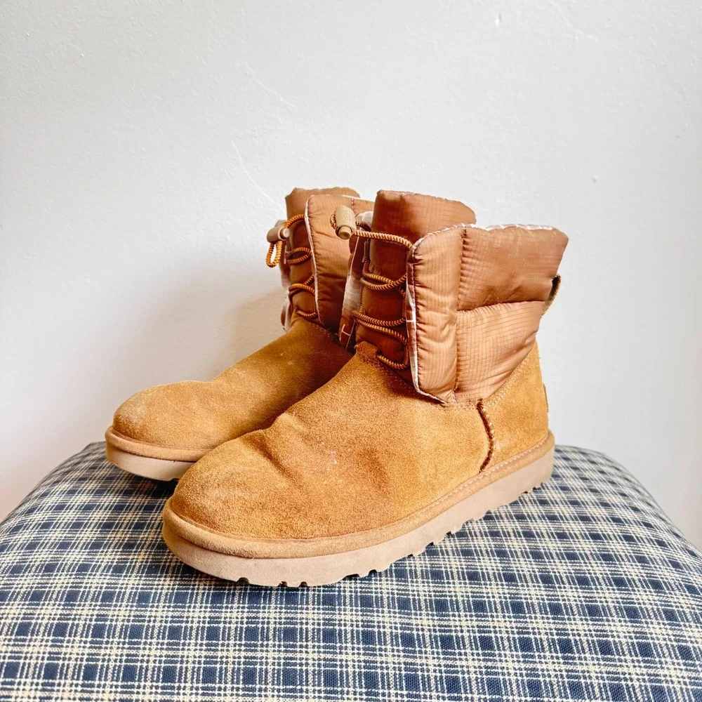UGG Classic Maxi Toggle Puffer Suede Winter Boots Size 8 Chestnut Brown